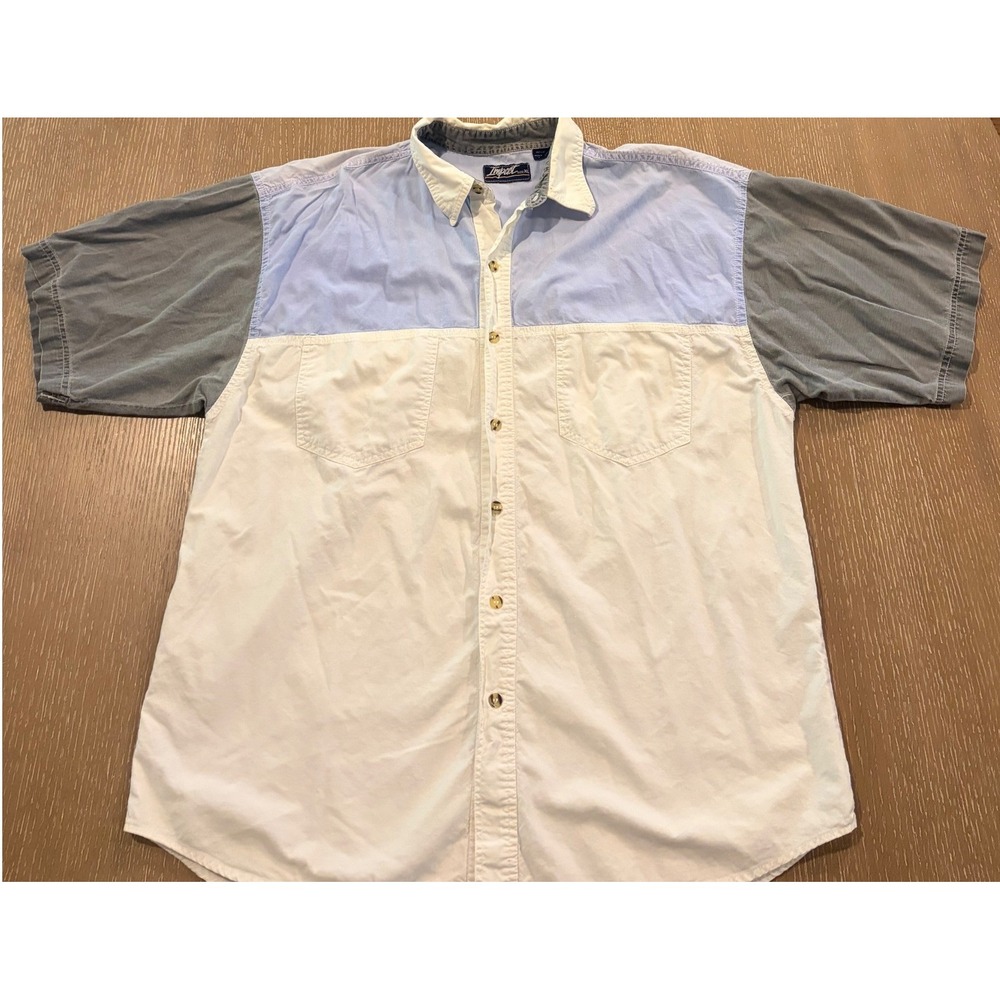 Impact Mens XL Colorblock Button‎ Down Shirt Short Sleeve Cotton White Blue Grey